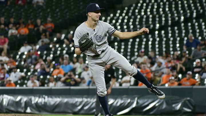 Jul 11, 2018; Baltimore, MD, USA;  New York Yankees relief pitcher Chasen Shreve (45) pitches during the ninth inning against the Baltimore Orioles at Oriole Park at Camden Yards. Mandatory Credit: Tommy Gilligan-USA TODAY Sports