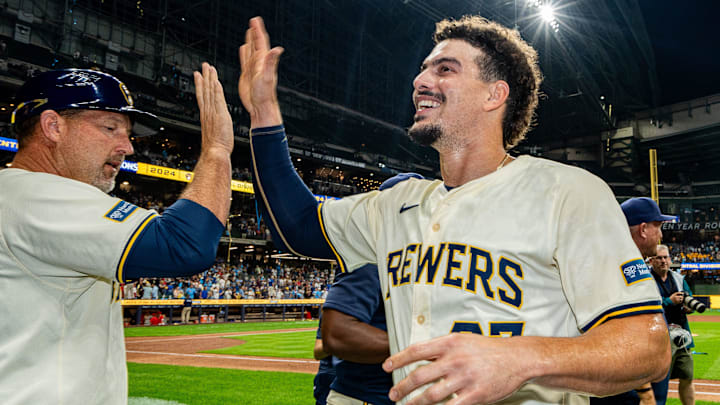 Milwaukee Brewers shortstop Willy Adames (27) celebrates the victory over the Philadelphia Phillies and winning the NL Central Division championship on Wednesday September 18, 2024 at American Family Field in Milwaukee, Wis. Milwaukee Brewers shortstop Willy Adames (27) celebrates the victory over the Philadelphia Phillies and winning the NL Central Division championship on Wednesday September 18, 2024 at American Family Field in Milwaukee, Wis.