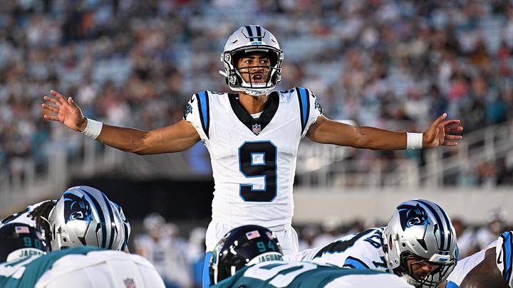 Carolina Panthers quarterback Bryce Young (9) calls an audible during the first quarter of the preseason game Carolina Panthers quarterback Bryce Young (9) calls an audible during the first quarter of the preseason game