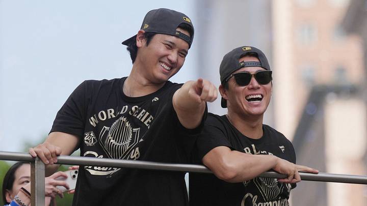 Los Angeles Dodgers two-way player Shohei Ohtani (17) and pitcher Yoshinobu Yamamoto (18) during the World Series championship parade and celebration on Nov. 3, 2025. Los Angeles Dodgers two-way player Shohei Ohtani (17) and pitcher Yoshinobu Yamamoto (18) during the World Series championship parade and celebration on Nov. 3, 2025.