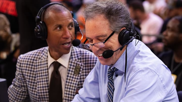 Nov 26, 2024; Phoenix, Arizona, USA; NBA on TNT television analyst Reggie Miller (left) and Kevin Harlan during the Los Angeles Lakers against the Phoenix Suns during an NBA Cup game at Footprint Center. Mandatory Credit: Mark J. Rebilas-Imagn Images Nov 26, 2024; Phoenix, Arizona, USA; NBA on TNT television analyst Reggie Miller (left) and Kevin Harlan during the Los Angeles Lakers against the Phoenix Suns during an NBA Cup game at Footprint Center. Mandatory Credit: Mark J. Rebilas-Imagn Images