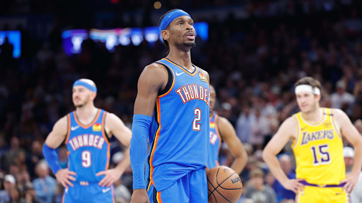 Apr 8, 2025; Oklahoma City, Oklahoma, USA; Oklahoma City Thunder guard Shai Gilgeous-Alexander (2) prepares to shoot a free throw against the Los Angeles Lakers during the second half at Paycom Center. Mandatory Credit: Alonzo Adams-Imagn Images Apr 8, 2025; Oklahoma City, Oklahoma, USA; Oklahoma City Thunder guard Shai Gilgeous-Alexander (2) prepares to shoot a free throw against the Los Angeles Lakers during the second half at Paycom Center. Mandatory Credit: Alonzo Adams-Imagn Images