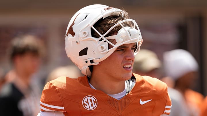 Texas Longhorns quarterback Arch Manning warms up before a game against the Texas El Paso Miners at Darrell K Royal-Texas Memorial Stadium. Texas Longhorns quarterback Arch Manning warms up before a game against the Texas El Paso Miners at Darrell K Royal-Texas Memorial Stadium.