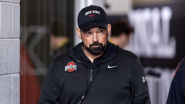 Jan 20, 2025; Atlanta, GA, USA; Ohio State Buckeyes head coach Ryan Day against the Notre Dame Fighting Irish during the CFP National Championship college football game at Mercedes-Benz Stadium.
