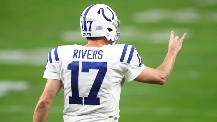 Dec 13, 2020; Paradise, Nevada, USA; Indianapolis Colts quarterback Philip Rivers (17) reacts against the Las Vegas Raiders at Allegiant Stadium. Dec 13, 2020; Paradise, Nevada, USA; Indianapolis Colts quarterback Philip Rivers (17) reacts against the Las Vegas Raiders at Allegiant Stadium.