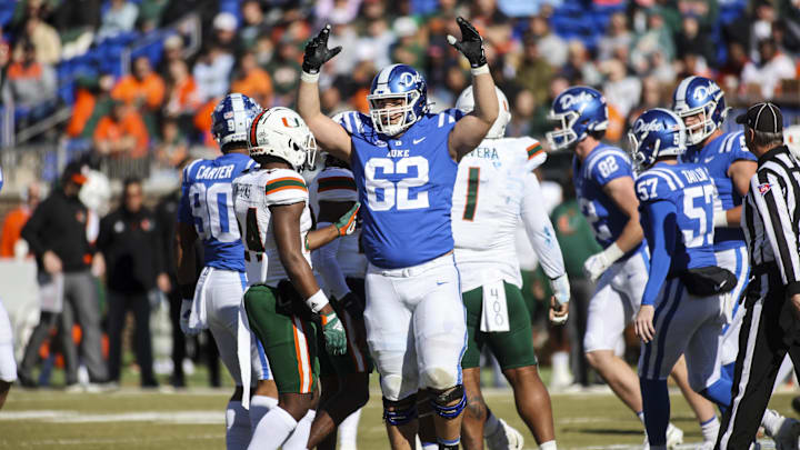 Nov 27, 2021; Durham, North Carolina, USA;  Duke Blue Devils offensive tackle Graham Barton (62)