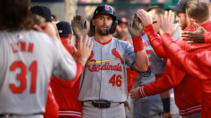 May 15, 2024; Anaheim, California, USA;  St. Louis Cardinals first baseman Paul Goldschmidt (46) is greeted by teammates in the dugout after hitting a home run during the sixth inning against the Los Angeles Angels at Angel Stadium. Mandatory Credit: Kiyoshi Mio-USA TODAY Sports