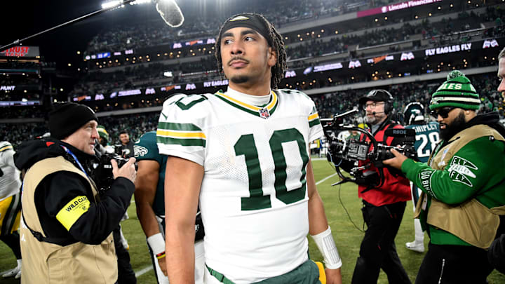Jan 12, 2025; Philadelphia, Pennsylvania, USA; Green Bay Packers quarterback Jordan Love (10) on the field after loss to the Philadelphia Eagles in an NFC wild card game at Lincoln Financial Field. Mandatory Credit: Eric Hartline-Imagn Images