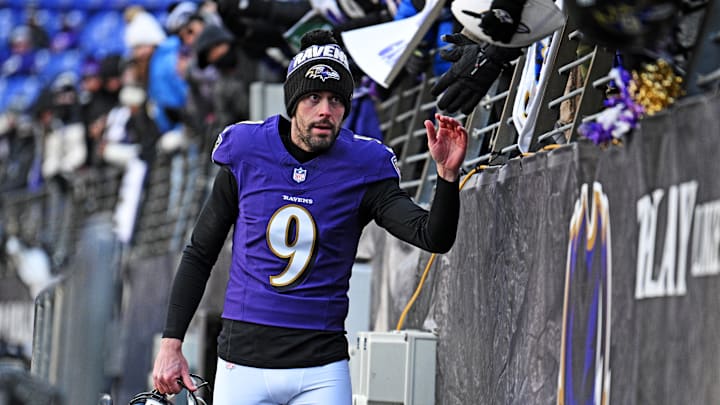 Jan 4, 2025; Baltimore, Maryland, USA; Baltimore Ravens place kicker Justin Tucker (9) arrives before the game against the Cleveland Browns at M&T Bank Stadium. Mandatory Credit: Tommy Gilligan-Imagn Images