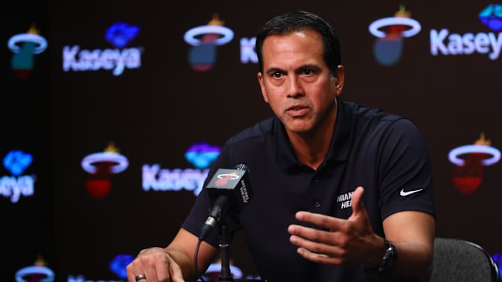 Sep 30, 2024; Miami, FL, USA; Miami Heat head coach Erik Spoelstra talks to reporters during media day at Kaseya Center Mandatory Credit: Sam Navarro-Imagn Images Sep 30, 2024; Miami, FL, USA; Miami Heat head coach Erik Spoelstra talks to reporters during media day at Kaseya Center Mandatory Credit: Sam Navarro-Imagn Images