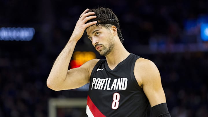 Oct 8, 2025; San Francisco, California, USA;  Portland Trail Blazers forward Deni Avdija (8) reacts during the second quarter against the Golden State Warriors at Chase Center. Mandatory Credit: John Hefti-Imagn Images