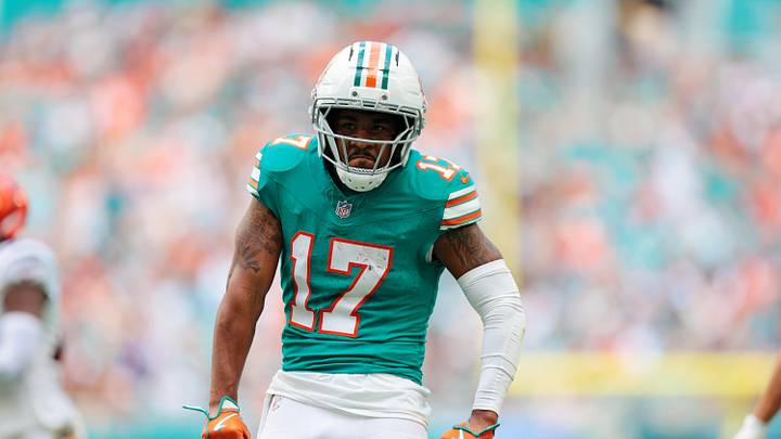 Miami Dolphins wide receiver Jaylen Waddle reacts during the second quarter against the Cincinnati Bengals at Hard Rock Stadium in December 2025.