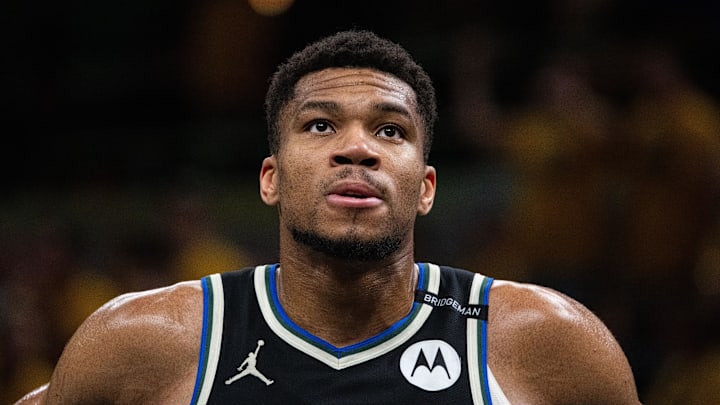 Apr 29, 2025; Indianapolis, Indiana, USA; Milwaukee Bucks forward Giannis Antetokounmpo (34) during game five of the first round for the 2024 NBA Playoffs against the Indiana Pacers at Gainbridge Fieldhouse. Mandatory Credit: Trevor Ruszkowski-Imagn Images Apr 29, 2025; Indianapolis, Indiana, USA; Milwaukee Bucks forward Giannis Antetokounmpo (34) during game five of the first round for the 2024 NBA Playoffs against the Indiana Pacers at Gainbridge Fieldhouse. Mandatory Credit: Trevor Ruszkowski-Imagn Images