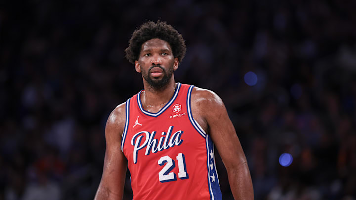 Philadelphia 76ers center Joel Embiid (21) during game two of the first round for the 2024 NBA playoffs against the New York Knicks at Madison Square Garden. 