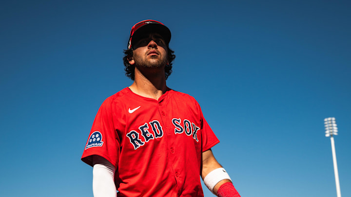 Red Sox prospect Marcelo Mayer gets ready for a spring training game in Fort Myers, Florida.