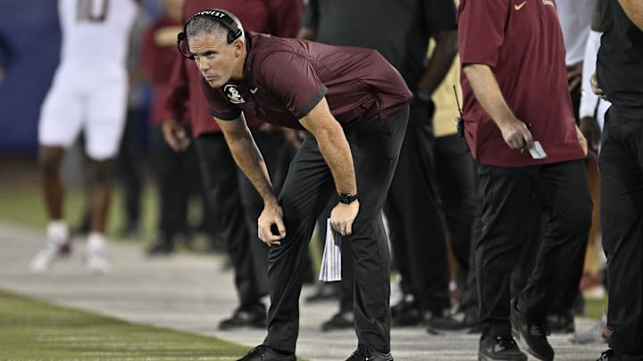 Sep 28, 2024; Dallas, Texas, USA; Florida State Seminoles head coach Mike Norvell during the game between the Southern Methodist Mustangs and the Florida State Seminoles at Gerald J. Ford Stadium. Mandatory Credit: Jerome Miron-Imagn Images Sep 28, 2024; Dallas, Texas, USA; Florida State Seminoles head coach Mike Norvell during the game between the Southern Methodist Mustangs and the Florida State Seminoles at Gerald J. Ford Stadium. Mandatory Credit: Jerome Miron-Imagn Images