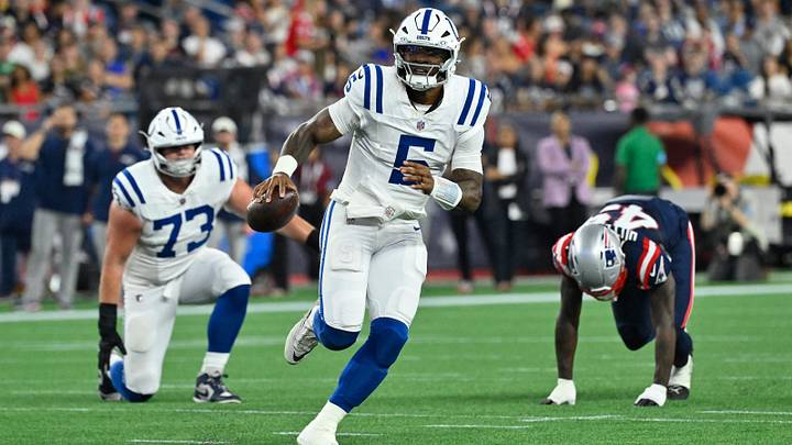 Aug 13, 2026; Foxborough, Massachusetts, USA; Indianapolis Colts quarterback Anthony Richardson Sr. (5) scrambles with the ball during the first half against the New England Patriots at Gillette Stadium. Mandatory Credit: Eric Canha-Imagn Images