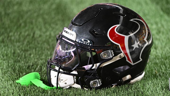 Aug 9, 2024; Pittsburgh, Pennsylvania, USA;  A Houston Texans helmet sits on the sidelines during the 4th quarter against the Pittsburgh Steelers at Acrisure Stadium. Mandatory Credit: Barry Reeger-Imagn Images