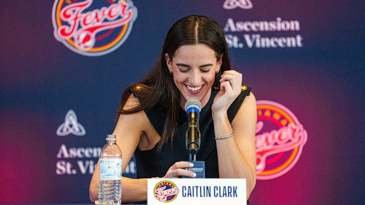Indiana Fever's Caitlin Clark, former Iowa Hawkeye standout and the no. 1 pick in the 2024 WNBA draft, speaks Wednesday, April 17, 2024, during an introductory press conference inside the entry pavilion at Gainbridge Fieldhouse.