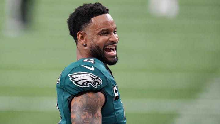 Feb 9, 2025; New Orleans, LA, USA; Philadelphia Eagles cornerback Darius Slay Jr. (2) takes the field before Super Bowl LIX against the Kansas City Chiefs at Caesars Superdome. Mandatory Credit: Kirby Lee-Imagn Images