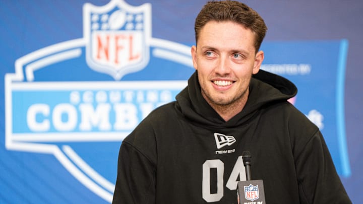 Feb 27, 2026; Indianapolis, IN, USA; Miami quarterback Carson Beck (QB04) speaks to members of the media during the NFL Combine at the Indiana Convention Center. Mandatory Credit: Jacob Musselman-Imagn Images