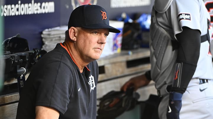 Jul 3, 2025; Washington, District of Columbia, USA; Detroit Tigers manager A.J. Hinch (14) in the dugout before the game against the Washington Nationals at Nationals Park. Mandatory Credit: Brad Mills-Imagn Images