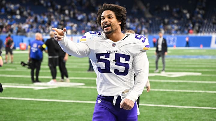 Nov 2, 2025; Detroit, Michigan, USA; Minnesota Vikings linebacker Eric Wilson (55) celebrates after the game against the Detroit Lions at Ford Field. Mandatory Credit: Lon Horwedel-Imagn Images