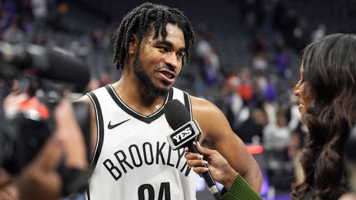 Nov 24, 2024; Sacramento, California, USA; Brooklyn Nets guard Cam Thomas (24) is interviewed after defeating the Sacramento Kings at Golden 1 Center. Mandatory Credit: Darren Yamashita-Imagn Images Nov 24, 2024; Sacramento, California, USA; Brooklyn Nets guard Cam Thomas (24) is interviewed after defeating the Sacramento Kings at Golden 1 Center. Mandatory Credit: Darren Yamashita-Imagn Images