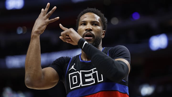 Mar 13, 2025; Detroit, Michigan, USA;  Detroit Pistons guard Malik Beasley (5) celebrates in the second half against the Washington Wizards at Little Caesars Arena. Mandatory Credit: Rick Osentoski-Imagn Images