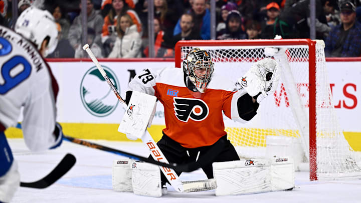 Jan 20, 2024; Philadelphia, Pennsylvania, USA; Philadelphia Flyers goalie Carter Hart (79) makes a save against the Colorado Avalanche in the first period at Wells Fargo Center. Mandatory Credit: Kyle Ross-Imagn Images