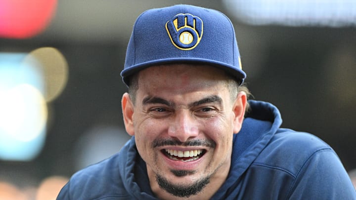 Sep 29, 2024; Milwaukee, Wisconsin, USA; Milwaukee Brewers shortstop Willy Adames (27) in the dug out against the New York Mets in the eighth inning at American Family Field. 