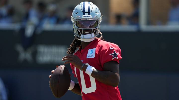 Dallas Cowboys quarterback Joe Milton III throws the ball at training camp at River Ridge Playing Fields. Dallas Cowboys quarterback Joe Milton III throws the ball at training camp at River Ridge Playing Fields.