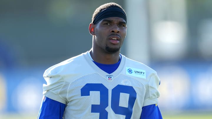 Jul 26, 2023; Irvine, CA, USA; Los Angeles Rams safety Quindell Johnson (39) during training camp at UC Irvine.