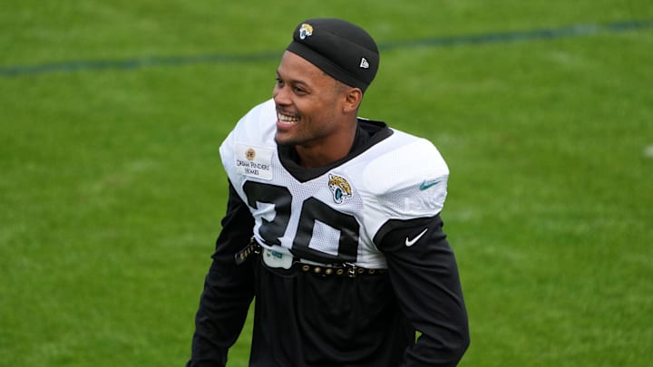 Oct 4, 2023; Ware, United Kingdom; Jacksonville Jaguars wide receiver Jamal Agnew (39) reacts during practice at Hanbury Manor Marriott Hotel. Mandatory Credit: Kirby Lee-Imagn Images
