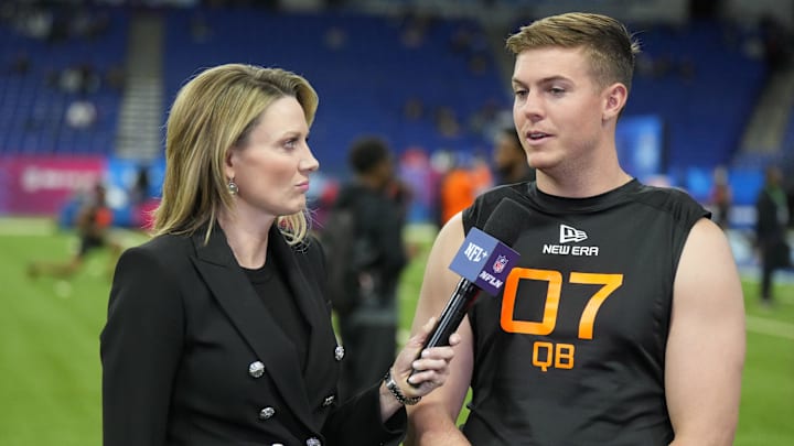 Mar 1, 2025; Indianapolis, IN, USA; NFL Network reporter Stacey Dales (left) interviews Ohio State quarterback Will Howard (QB07) during the 2025 NFL Scouting Combine at Lucas Oil Stadium. Mandatory Credit: Kirby Lee-Imagn Images