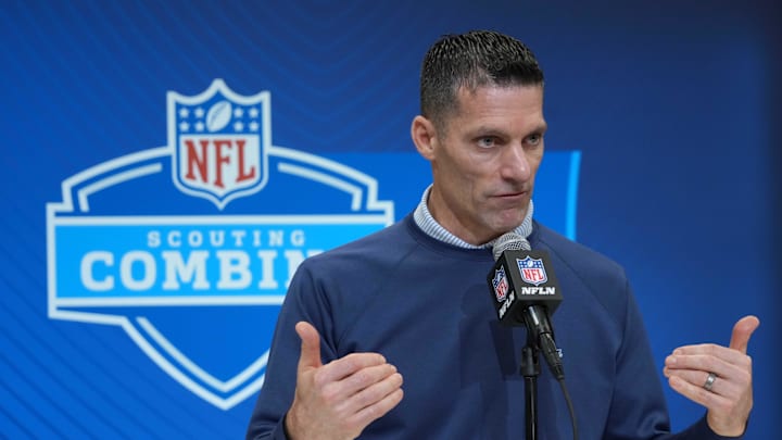 Feb 27, 2025; Indianapolis, IN, USA; Houston Texans general manager Nick Caserio speaks during the 2025 NFL Scouting Combine at the Indiana Convention Center. Mandatory Credit: Kirby Lee-Imagn Images