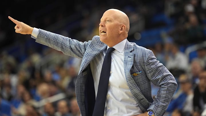 Nov 20, 2024; Los Angeles, California, USA; UCLA Bruins head coach Mick Cronin reacts against the Idaho State Bengals in the first half at Pauley Pavilion presented by Wescom. Mandatory Credit: Kirby Lee-Imagn Images