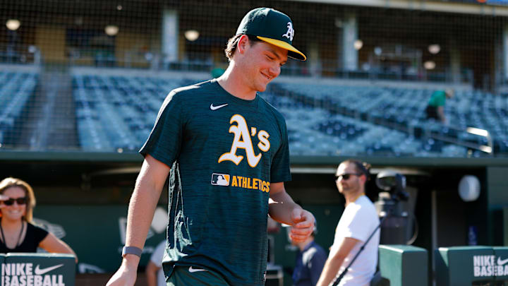 Jul 28, 2025; West Sacramento, California, USA; Athletics 2025 1st round draft pick Jamie Arnold walks onto the field before the game against the Seattle Mariners at Sutter Health Park. Mandatory Credit: Sergio Estrada-Imagn Images