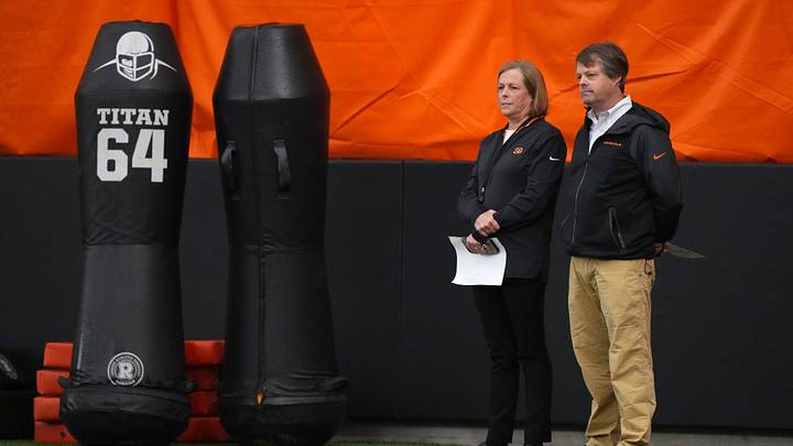 Cincinnati Bengals Executive Vice President Katie Blackburn, left, talks with Vice President - Player Personnel Pau Brown, right, during the team s rookie mini camp, Friday, May 12, 2023, inside the team s indoor practice bubble in Cincinnati. Cincinnati Bengals Executive Vice President Katie Blackburn, left, talks with Vice President - Player Personnel Pau Brown, right, during the team s rookie mini camp, Friday, May 12, 2023, inside the team s indoor practice bubble in Cincinnati.