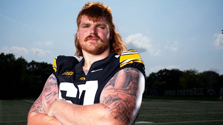 Offensive Lineman Gennings Dunker stands for a photo as Iowa Football hosts media day on Aug. 8, 2025, in Iowa City.