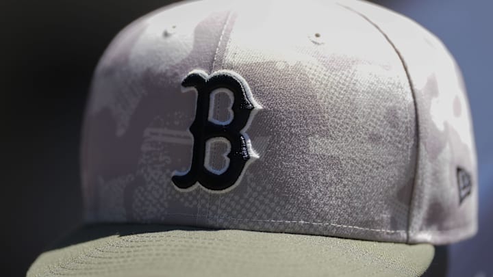 May 26, 2025; Milwaukee, Wisconsin, USA;  General view of a Boston Red Sox hat during warmups prior the game against the Milwaukee Brewers at American Family Field. Mandatory Credit: Jeff Hanisch-Imagn Images