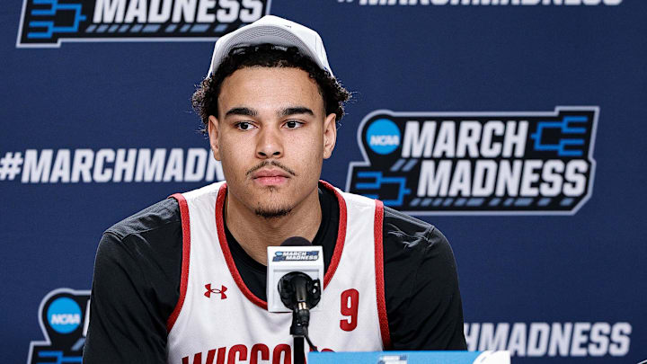 Mar 19, 2025; Denver, CO, USA; Wisconsin Badgers player John Tonje during a press conference at Ball Arena. Mandatory Credit: Isaiah J. Downing-Imagn Images