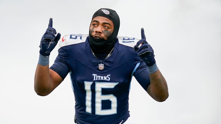 Tennessee Titans wide receiver Treylon Burks (16) is introduced before a game against the Jacksonville Jaguars at Nissan Stadium in Nashville, Tenn., Sunday, Jan. 7, 2024