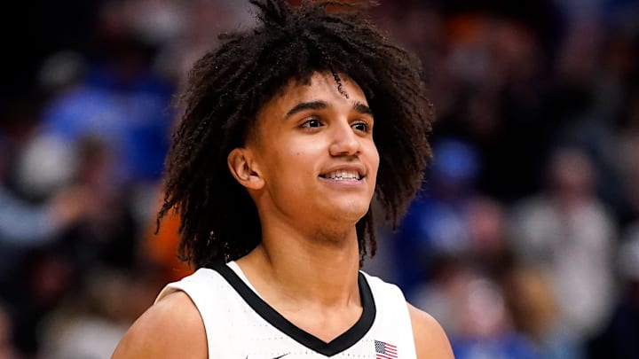 Vanderbilt guard Tyler Tanner (3) celebrates defeating Tennessee in a SEC tournament quarterfinal game at Bridgestone Arena in Nashville, Tenn., Friday, March 13, 2026.