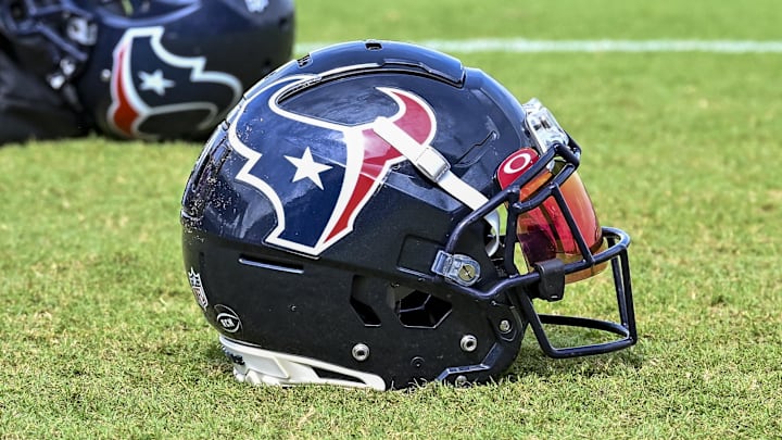 Aug 5, 2022; Houston, Texas, US; A general picture of a Houston Texans helmet after training camp at the Texans practice facility.  Mandatory Credit: Maria Lysaker-Imagn Images
