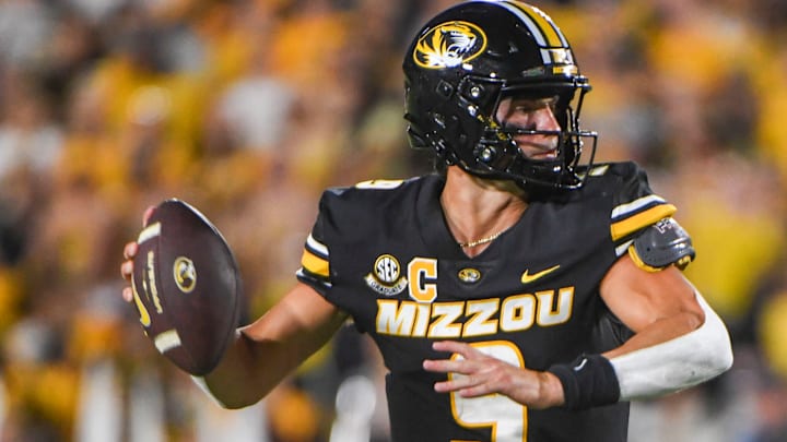 Aug 28, 2025; Columbia, MO, USA; Missouri Tigers quarterback Beau Pribula (9) cocks the ball back to find a receiver in a matchup against the Central Arkansas Bears in Faurot Field at Memorial Stadium. 