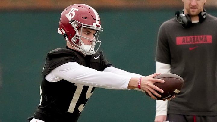 Mar 5, 2025; Tuscaloosa, AL, USA; Quarterback Ty Simpson works a drill during Spring Practice for the Crimson Tide.