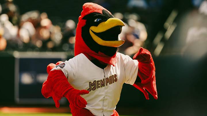 Rockey the Rockin’ Redbird looks toward fans during the opening day game between the Memphis Redbirds and the Charlotte Knights on Friday, March 29, 2024 at AutoZone Park in Memphis, Tenn. Rockey the Rockin’ Redbird looks toward fans during the opening day game between the Memphis Redbirds and the Charlotte Knights on Friday, March 29, 2024 at AutoZone Park in Memphis, Tenn.