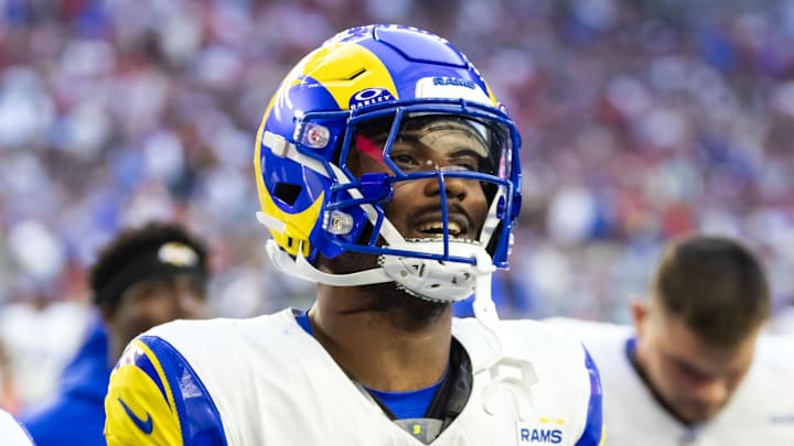 Dec 7, 2025; Glendale, Arizona, USA; Los Angeles Rams safety Kam Curl (3) against the Arizona Cardinals at State Farm Stadium. Mandatory Credit: Mark J. Rebilas-Imagn Images