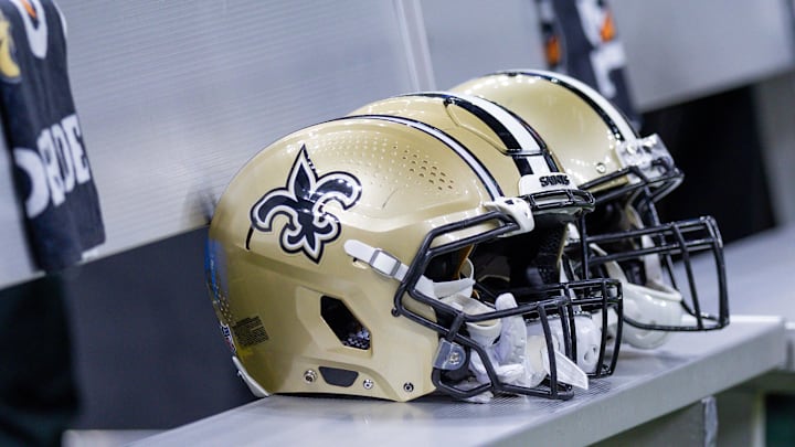 Aug 13, 2023; New Orleans, Louisiana, USA; Detailed view of New Orleans Saints helmets on the bench during the game against the Kansas City Chiefs during the second half at the Caesars Superdome. Mandatory Credit: Stephen Lew-Imagn Images Aug 13, 2023; New Orleans, Louisiana, USA; Detailed view of New Orleans Saints helmets on the bench during the game against the Kansas City Chiefs during the second half at the Caesars Superdome. Mandatory Credit: Stephen Lew-Imagn Images